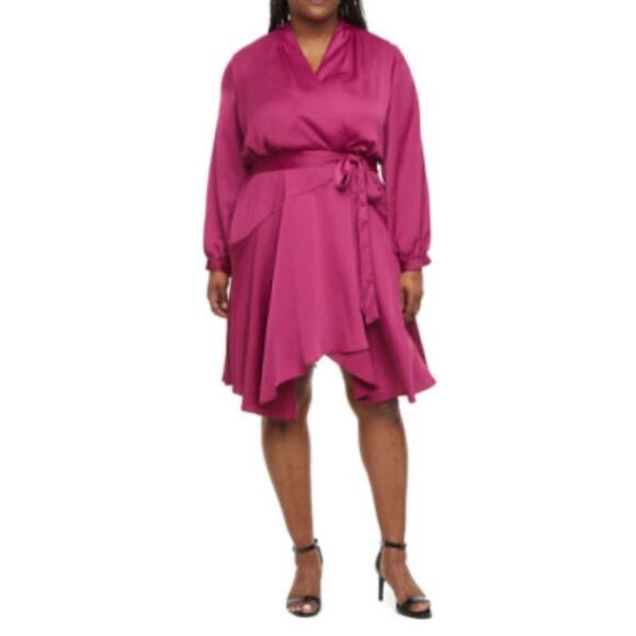 Melonie T Plus Long Sleeve High-Low Fit Flare Dress Mulberry Size 16 - Picture 1 of 11